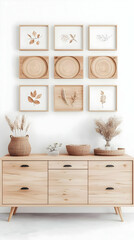 Wooden Cabinet with Framed Botanical Prints and Decor on a White Wall with Decor Accents
