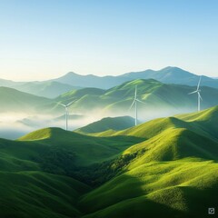 Fototapeta premium Renewable energy wind turbines in lush mountain landscape at sunrise nature clear blue sky view