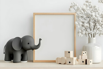 Blank wooden picture frame mockup on a wooden shelf, minimalist nursery room interior design.