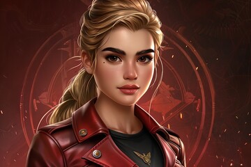 Young blonde woman dressed in red leather and black t shirt against striking black and red backdrop