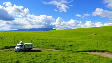 Naklejka premium A white communication truck sits on a vibrant green pasture under a bright blue sky with fluffy white clouds and distant mountains.