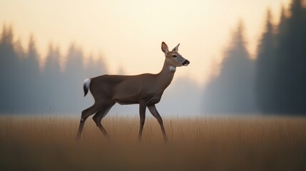 Naklejka premium A serene deer walks gracefully through a golden grass field, surrounded by soft sunlight and distant trees, capturing the beauty of nature.