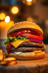 Double Cheeseburger with Lettuce, Tomato, Onion, and Melted Cheese in Cozy Atmosphere