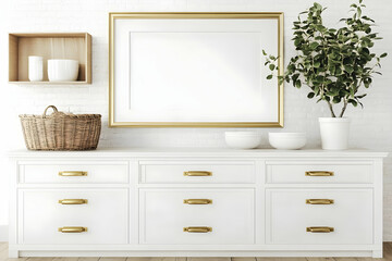 Fototapeta premium White Cabinet with Gold Frame Mockup Displays Modern Interior Design with Greenery Accents Elegantly
