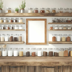 Rustic Kitchen with Jars of Ingredients and Blank Frame on Shelves