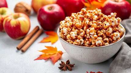 bowl of caramel apple popcorn surrounded by fresh apples and autumn leaves creates cozy fall atmosphere. Perfect for tailgating or seasonal gatherings