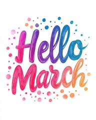 Abstract background with watercolor colorful splashes and dots decorations. Hello March - modern calligraphy lettering. Spring concept background.