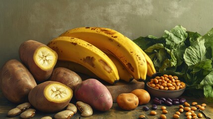 A detailed look at foods high in potassium, featuring bananas, sweet potatoes