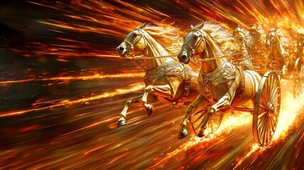 A dynamic scene of golden horses racing in a blaze of fiery motion, illustrating power and speed in an epic chariot style.