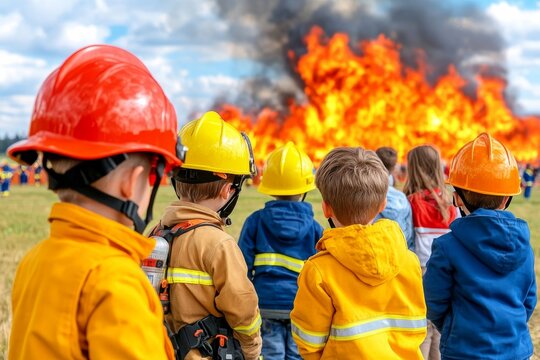 A group of firefighters educating children about fire safety at a community event. Generative AI