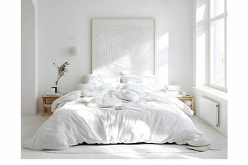 White Bedroom Interior Design Showcases a Comfortable Bed with White Bedding and Wall Decor
