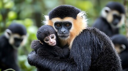 Obraz premium Mother monkey holds her baby close surrounded by others in a lush green habitat