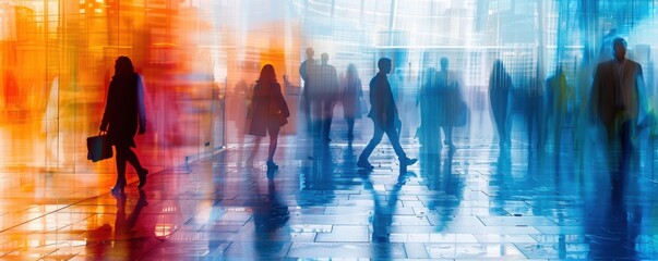 Obraz premium Group of people walking down a street with a blue background