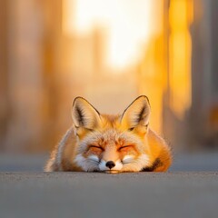 Fototapeta premium Urban fox resting in city alley at golden hour eye-level shot highlighting urban habitat