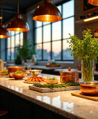 Fototapeta premium Modern Restaurant Kitchen Design: Culinary Workspace with City Views at Sunset, Appetizers and Ingredients on Display