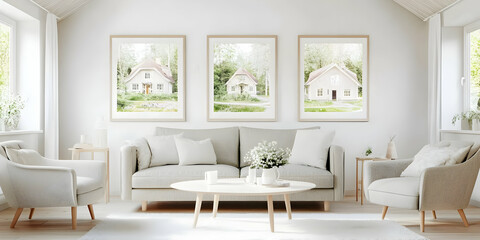 Fototapeta premium A Serene Living Room Showcases Framed Pictures of Idyllic Country Houses in a Minimalist Setting with a Sofa and Armchairs.