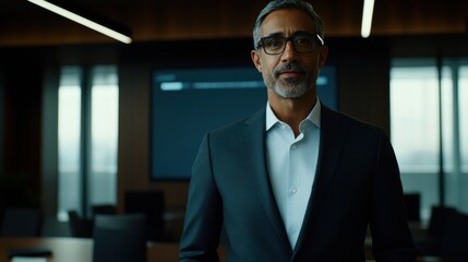 Confident CEO Presenting Quarterly Sales Projections in Modern Office Setting with Digital Screen and Overhead Lighting