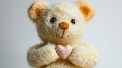 A cute teddy bear with a heart, symbolizing love and comfort, stands against a simple background, exuding warmth and affection.