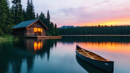 Fototapeta premium Mindful living with wellness and peace concept. Serene lakeside cabin at sunset with a canoe in the foreground.