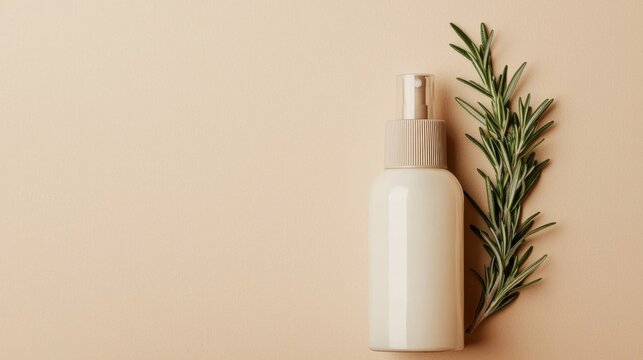 Natural skincare routine and botanical, A minimalist image featuring a white bottle next to a sprig of rosemary on a neutral background, suggesting natural beauty or wellness products.