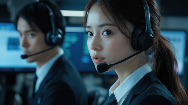 Diverse Multilingual Call Center Operators Collaborating with Headsets in a Modern Workspace Filled with Fluorescent Lighting and Minimalistic Text Elements