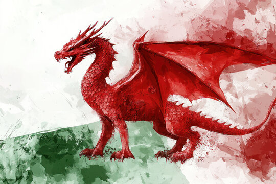 red dragon on white and green background representing wales national flag. st david's day symbol. holiday decor, cultural heritage, national celebration. - Powered by Adobe