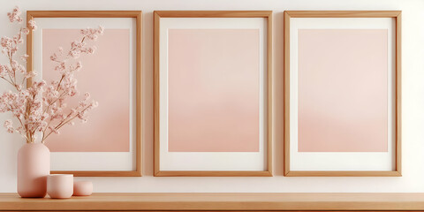 Fototapeta premium Three Wooden Frames Mockup on White Wall with Pink Decor on Wooden Table