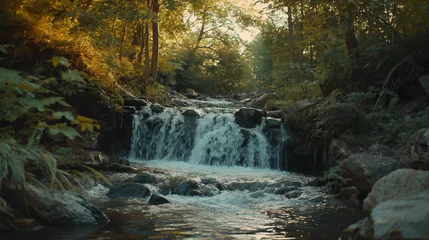 Fleecedeken met foto Serene Waterfall in Lush Forest Nature Scene © Semudaart