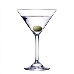 A crystal-clear martini with a single olive, shimmering against an isolated white background, realism art style