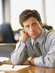 Naklejka premium Man in a business suit is sitting at a desk with a notebook and pen