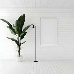 Minimalist Interior Design: Empty Frame, Plant, and Lamp in a White Room with Wood Paneling.