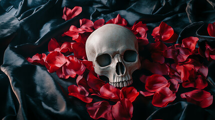 Gothic skull among red rose petals. Perfect for romantic gothic themes, dark aesthetics, or dramatic art concepts.