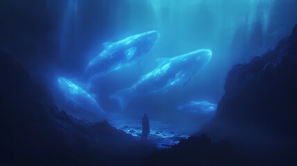 A Solitary Figure Gazes at Luminous Whales in a Mystical Underwater Cave