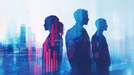 Modern Corporate Design Featuring Silhouettes Against a Glitchy City Background with Neon Bursts, Graphs, and a Futuristic Aesthetic