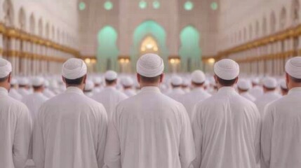 Muslim prayer gathering mosque religious ceremony indoor environment collective perspective faith and community