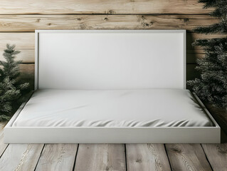 White Empty Product Display Podium with Blank Backdrop Banner and Fir Branches Decorated