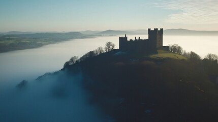 Obraz premium Misty Morning Castle Silhouette: An Ancient Fortress Above a Sea of Fog