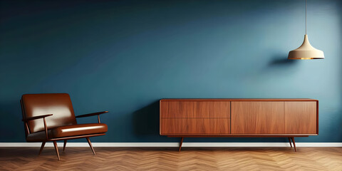 Modern Interior with Wooden Furniture Stands Elegantly in a Room with Blue Walls