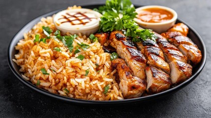 Fototapeta premium Grilled chicken and rice dish restaurant food photography contemporary overhead view culinary delight