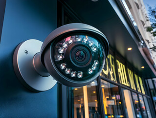 Modern Security Camera Monitors a Building Entrance with Infrared Illumination at Dusk.