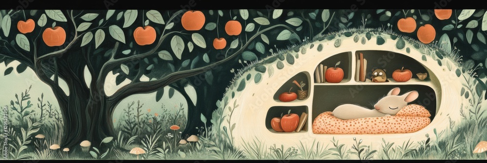 Poster cozy rabbit sleeping peacefully in a fruit filled nook under a tree in a serene garden setting. gene