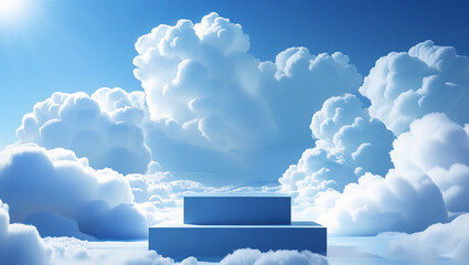a box podium with sky and clouds in the background