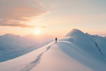 Skier Descending Snowy Slope with Panoramic Mountain View and Sunrise