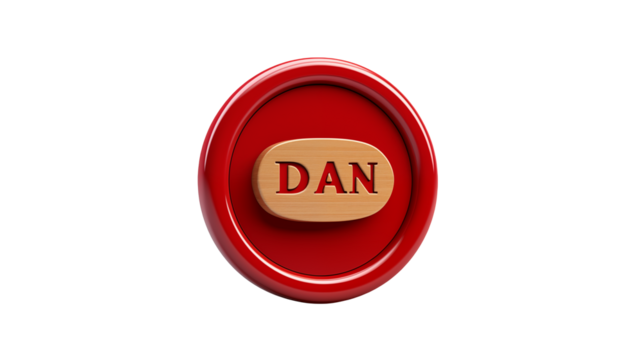 Red Circular Badge with Wooden Dan Pill Icon isolated on transparent background - Powered by Adobe