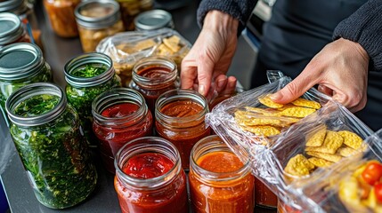 A person is arranging various jars filled with colorful sauces and condiments, showcasing an array of homemade preserves.