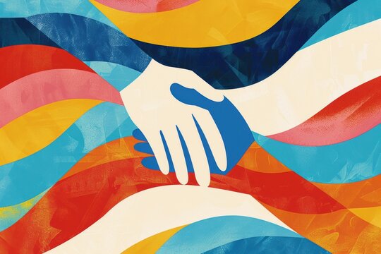 Colorful painting of two hands clasping each other