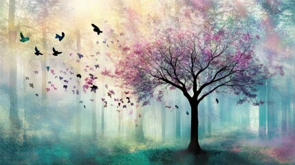 Whimsical Pastel Landscape Featuring a Blossoming Tree Surrounded by Robotic Birds in a Dreamy, Futuristic Forest Bathed in Soft Sunlight