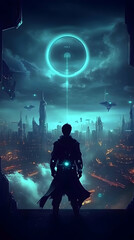 Obraz premium Silhouetted Figure Overlooks Futuristic Cityscape Under a Glowing Ring in a Digital Illustration
