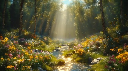 Sunbeams illuminate a vibrant floral forest stream.