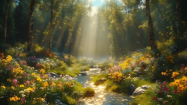Sunbeams illuminate a vibrant floral forest stream.